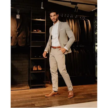 2023 Nov Modni Poroko Moških Svetlobe Kaki Zarezo River Obleke Business Casual Formalno Kostum Homme Slim Fit 2Pcs Komplet Jakna in Hlače