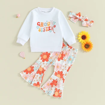 BeQeuewll Baby Dekleta 3 Kos Obleke Pismo Tiskanja Long Sleeve Majica in Cvetlični Sežgati Hlače Glavo Sklop Sodijo Oblačila