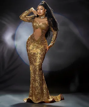 Elegantne Ženske Večerno Obleko Bleščica Nigerijski Zlata morska deklica Stranka Halje z Dolgimi Rokavi Ženske Obleke Za Posebne Priložnosti