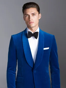 Zadnji Plašč, Hlače Modelov Royal Modra Šal River Žamet Poroka Obleke za Moške Formalno Slim Fit, Ozek 2 Kos Ženina Jopičem Vestido