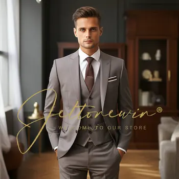 ( Suknjič + Telovnik + Hlače ) Butik Mens Formalna Poslovna Obleka 3 Kos Set za Moške High-end Priložnostne Obleke, Poročna Obleka