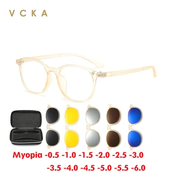 VCKA Ženske Kratkovidnost sončna Očala 6 V 1 Magnetni Posnetek Očala Pregleden Čaj Krog Moških Polarizirana Recept Eyeglass -0.5~-6.0