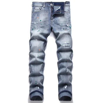 Visoka Kakovost Nove Modne blagovne Znamke 2022 High Street Punk Stil za Moške Jeans Barve Modra Zdrobljen Majhna Stopala Tesno Sredi Vzpona Moške Jeans