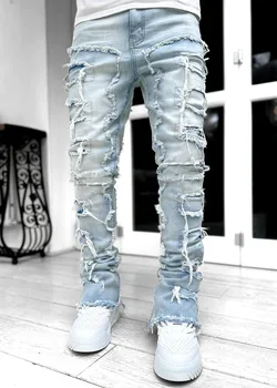 2023 Y2K Moške Jeans Raztrgala Mozaik Traper Hlače Visoke Kakovosti Slim Fit Modra Hip Hop Moške Jeans High Street Jeseni Mans Hlače