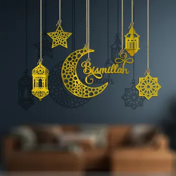 Ramadana Viseči Okras Akril Eid Mubarak Luna Zvezde Luč Obesek Ramadana Dekoracijo 2024 Eid Stranka Diy Okras za Dom