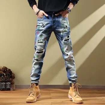 2022 Novo Vintage Evropski in Ameriški Vezenje, Tiskane Opraskan Jeans Moške Slim Fit Elastična Dokolenke skinny kavbojke moški