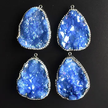 Modra kvarčni kristal, Kamen Obesek agates Druzy nihalo Naravnega kamna čar Ogrlica obeski, nakit, izdelava debelo 4pcs/veliko