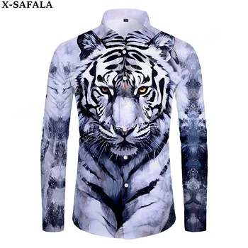 Mit o Kralju Beli Tiger Kože 3D Tiskanja Moške Luksuzni Majica Zavoj navzdol Ovratnik Zapeto Gor Dolg Rokav Vrhovi Hip Hop Tee-3