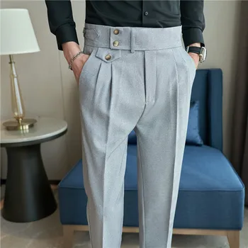 Visoko Pasu, Moški Obleko Hlače 2023 Britanski Slog Priložnostne Obleko Hlače Moški Slim Fit Hlače Formalno Urad Svate Pantalon Homme