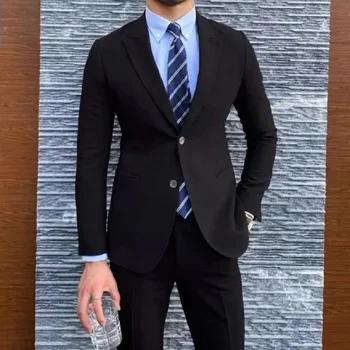 Mens obleke Črna Bela Modra Business Casual 2 Gumb Obleko v Kostum Homme Luxe Slim Fit 2 Kosa Obleko