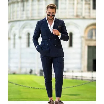 2023 Moških Mornarsko Modri Trak Vrha River Obleke Business Casual Formalno Kostum Homme Dvojno Zapenjanje Slim Fit 2 Kos Komplet Jakna In Hlače