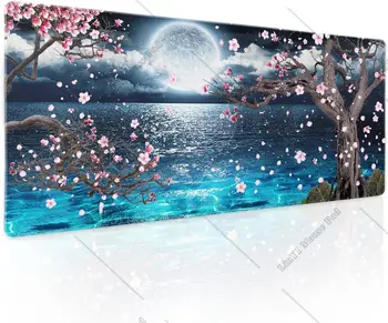 Rožnat Češnjev Cvet Mouse Pad XL Sakura Modro morje, Luna Velika, Velika Desk Mat nedrsečo Gumo Osnovno Žico EdgeMousepad za Prenosnik