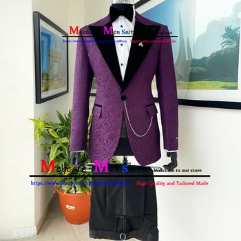 Vijolična Cvetlični Vzorec Ženina Obrabe Poročno Obleko Tuxedos Black River Moške Obleke, 2 Kos (Suknjič+Hlače) Trajes De Hombre Boda 2022