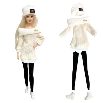 NK 4 Predmeti/Set Moda Plašč Bele Obleke Klobuk +Zaloge +Čevlji +Pleteni Pulover, Oblačila za Barbie Lutka Pribor Otroci Igrače